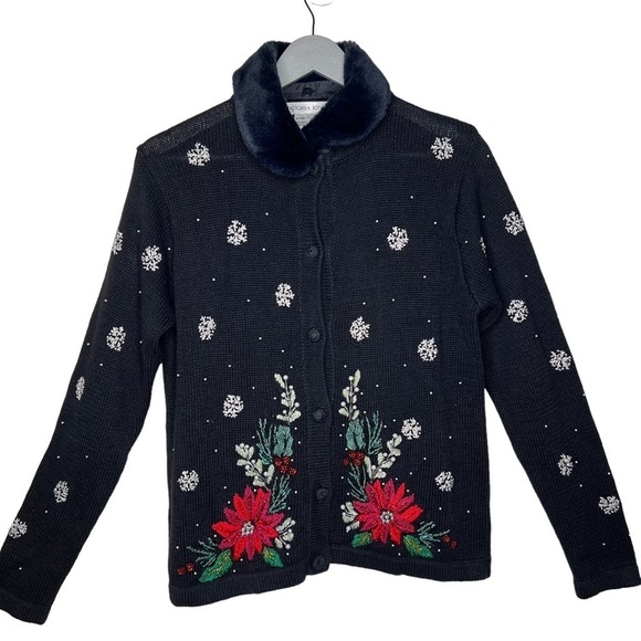 Victoria Jones Embellished Poinsettia Snow Flake Cardigan Removable Fur Collar M - Picture 1 of 14